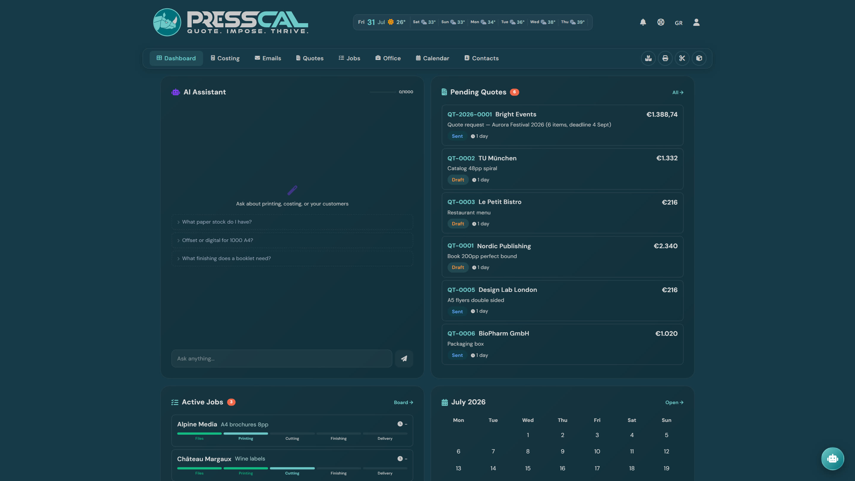 PressCal dashboard