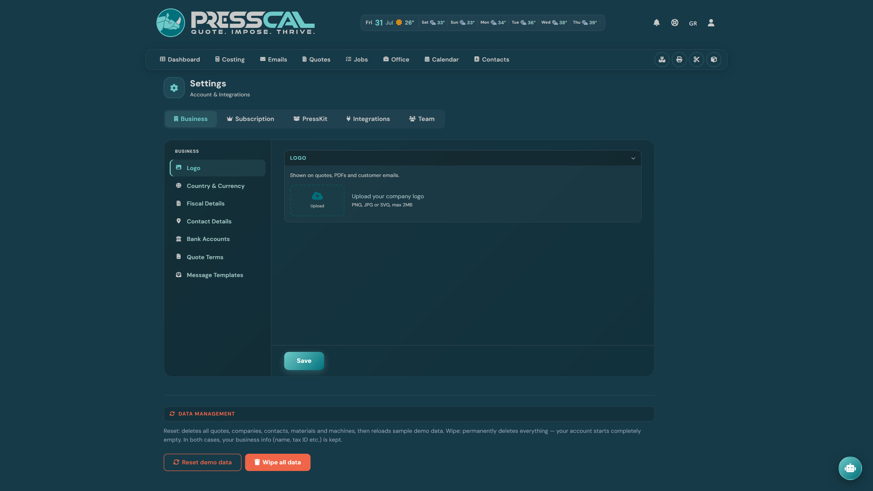 Settings — Business tab