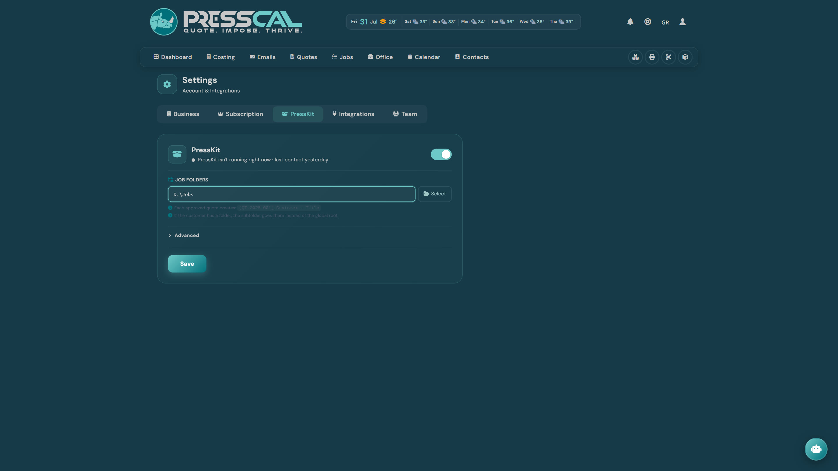 Settings — PressKit tab